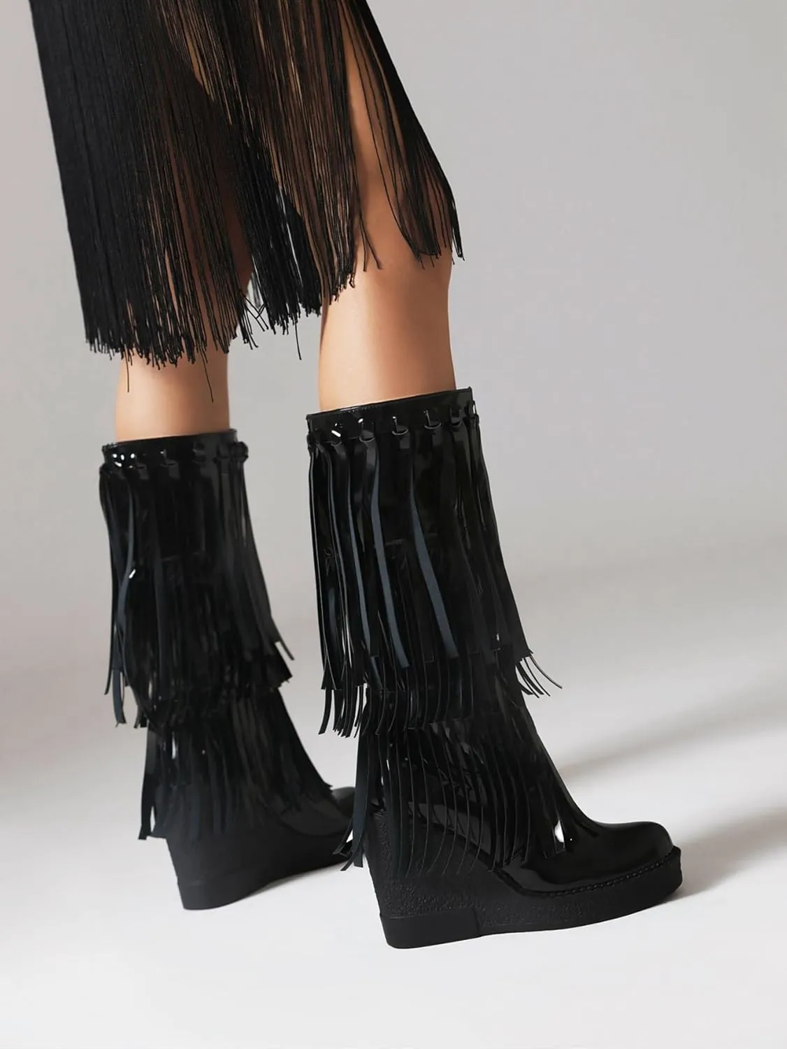 Vintage Women's Suede Tassel Mid-calf Boots Casual Round Toe Platform Wedge Boots