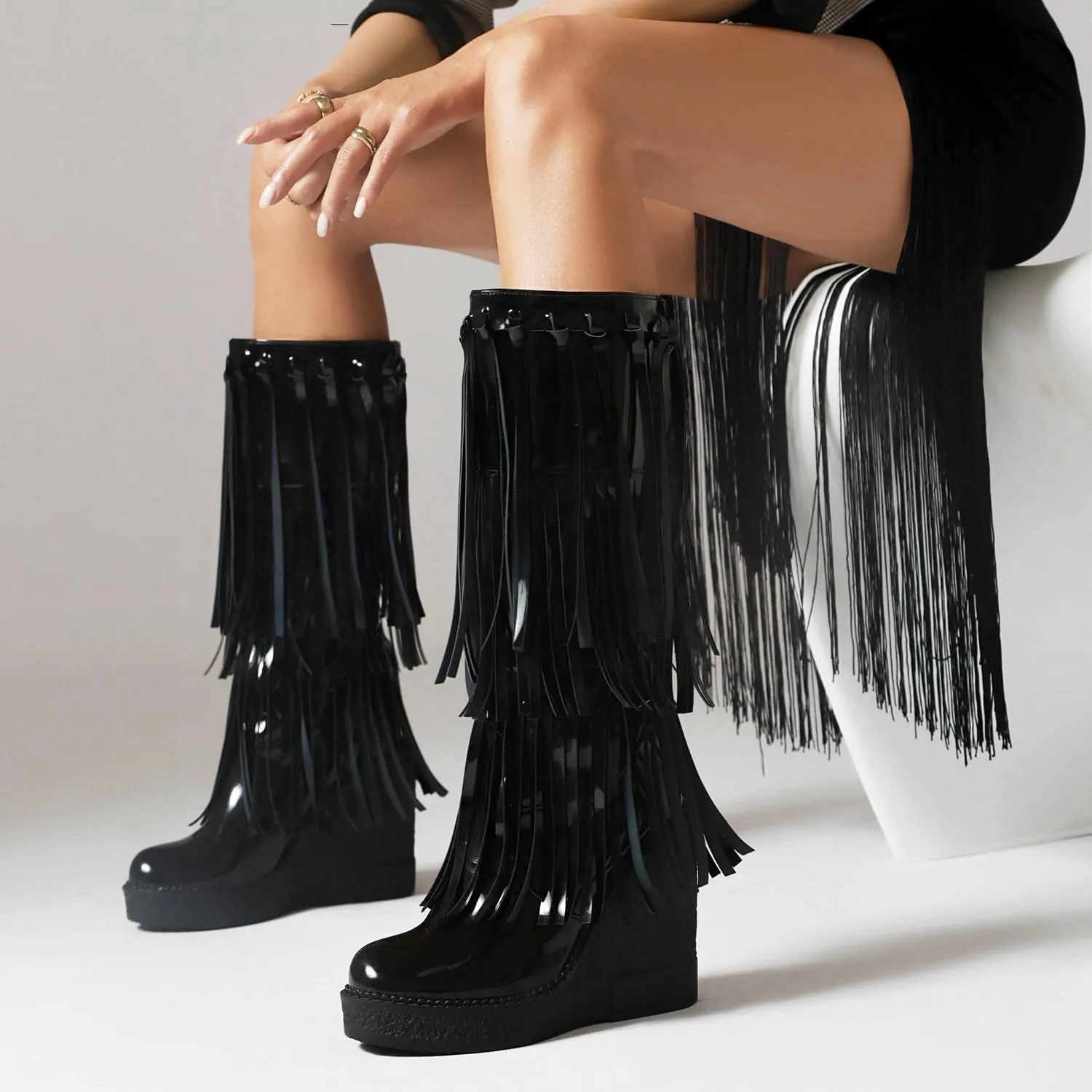 Vintage Women's Suede Tassel Mid-calf Boots Casual Round Toe Platform Wedge Boots