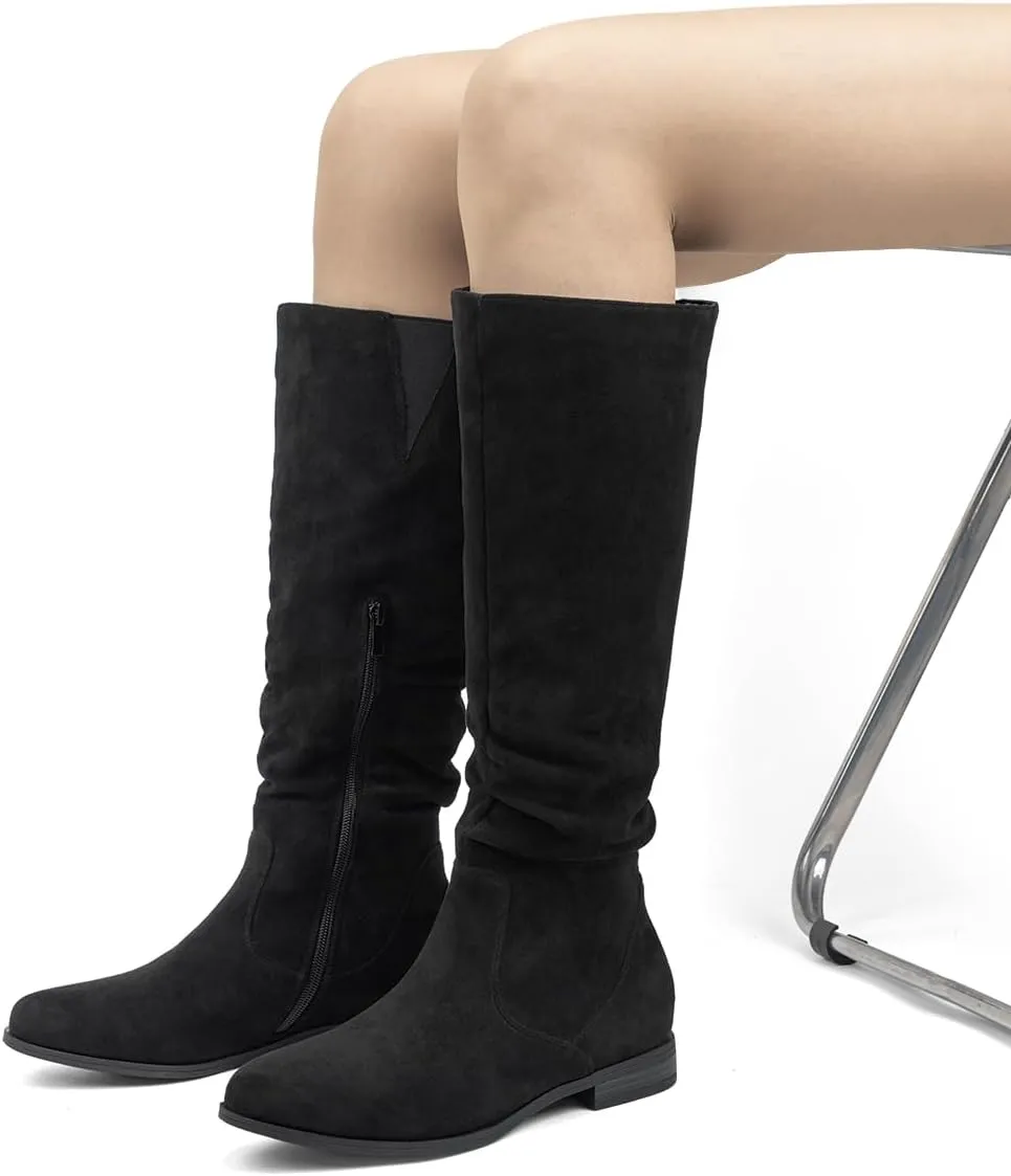 VJH confort Women's Knee-High Boots Comfortable Low Heel Almond Toe Wide Calf Side Zip Fall Winter Long Boots