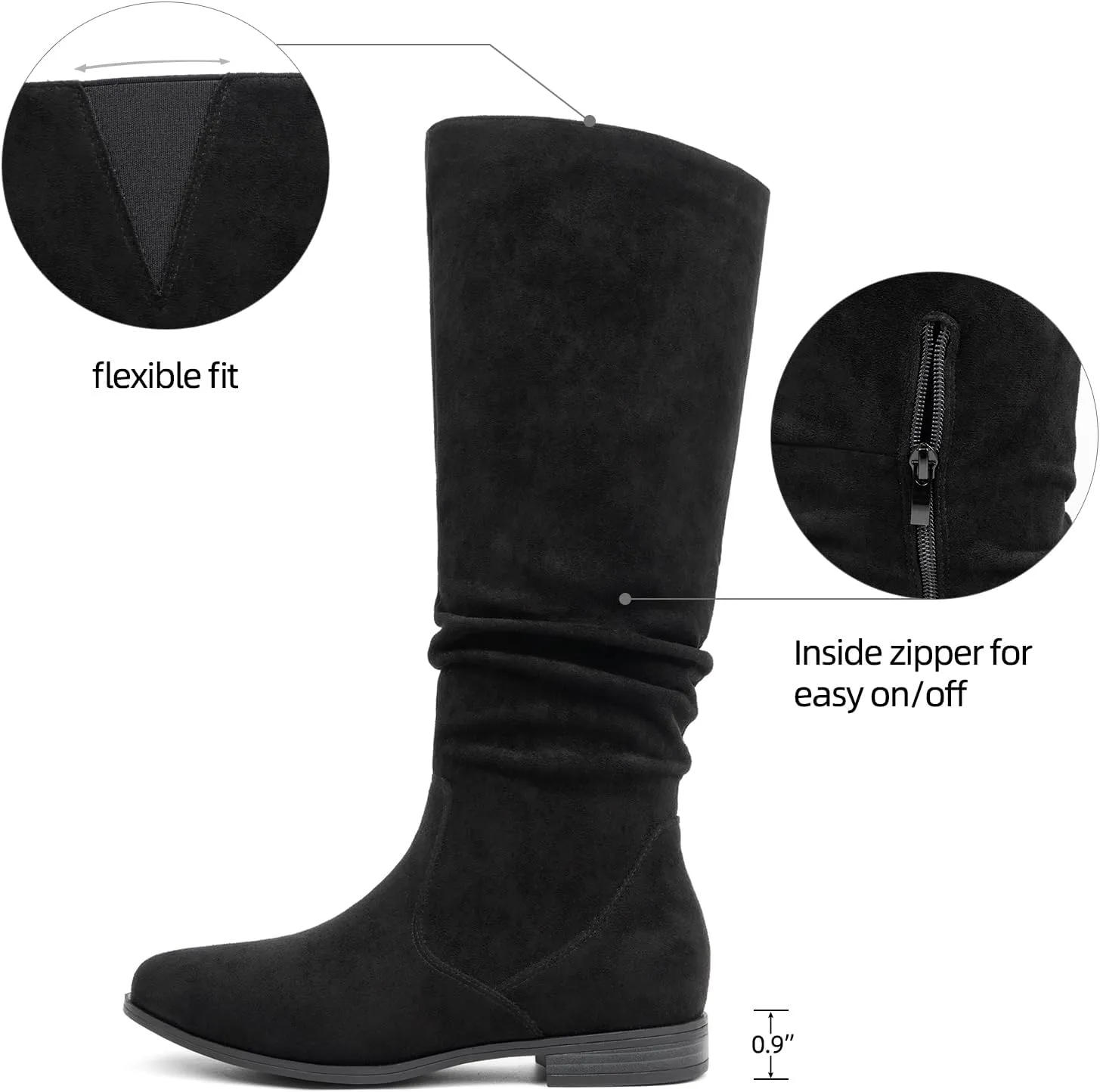 VJH confort Women's Knee-High Boots Comfortable Low Heel Almond Toe Wide Calf Side Zip Fall Winter Long Boots