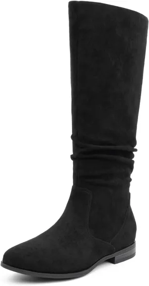 VJH confort Women's Knee-High Boots Comfortable Low Heel Almond Toe Wide Calf Side Zip Fall Winter Long Boots