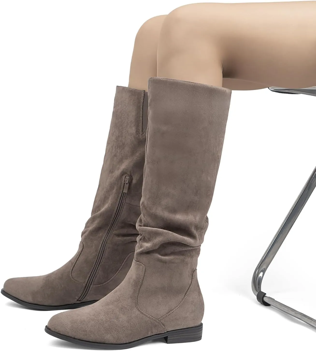 VJH confort Women's Knee-High Boots Comfortable Low Heel Almond Toe Wide Calf Side Zip Fall Winter Long Boots