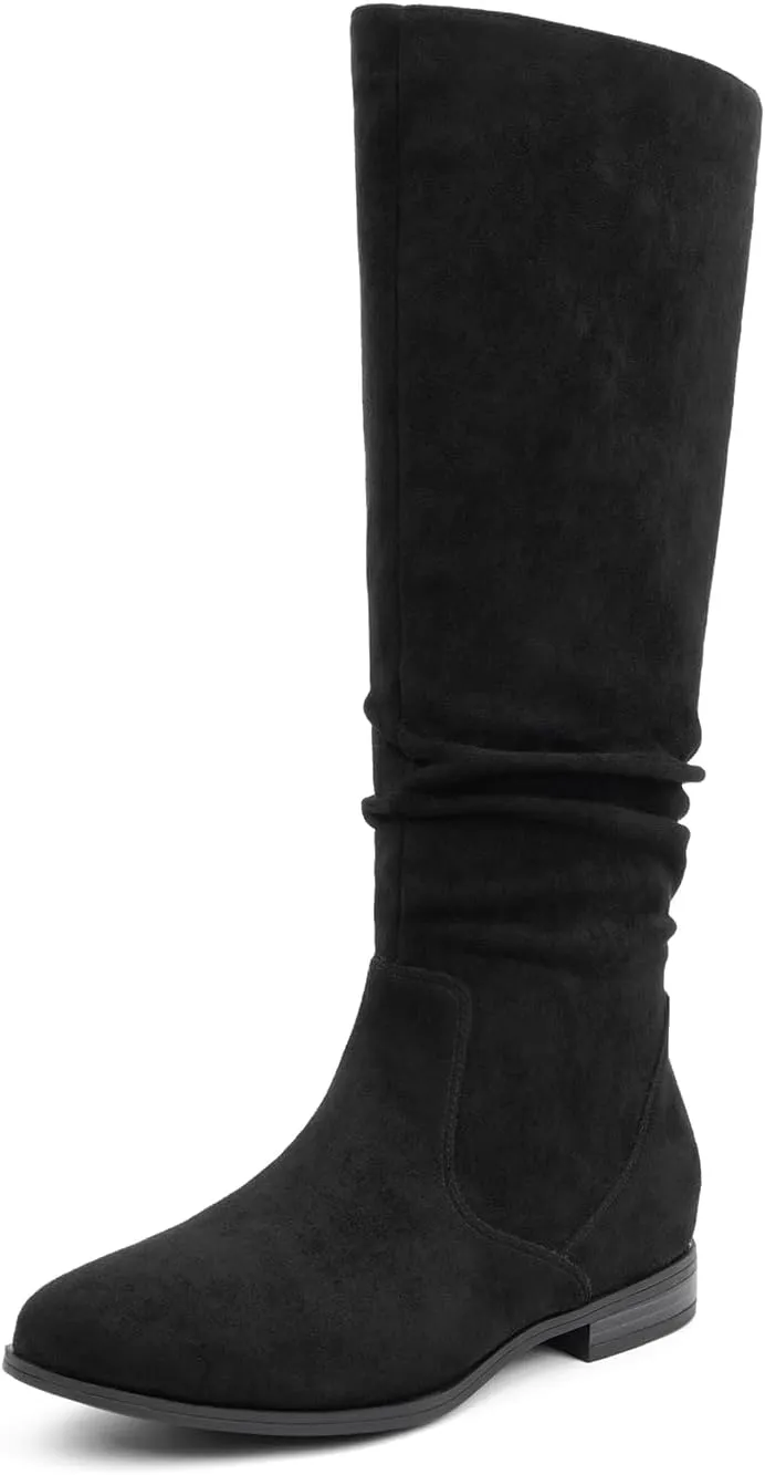 VJH confort Women's Knee-High Boots Comfortable Low Heel Almond Toe Wide Calf Side Zip Fall Winter Long Boots