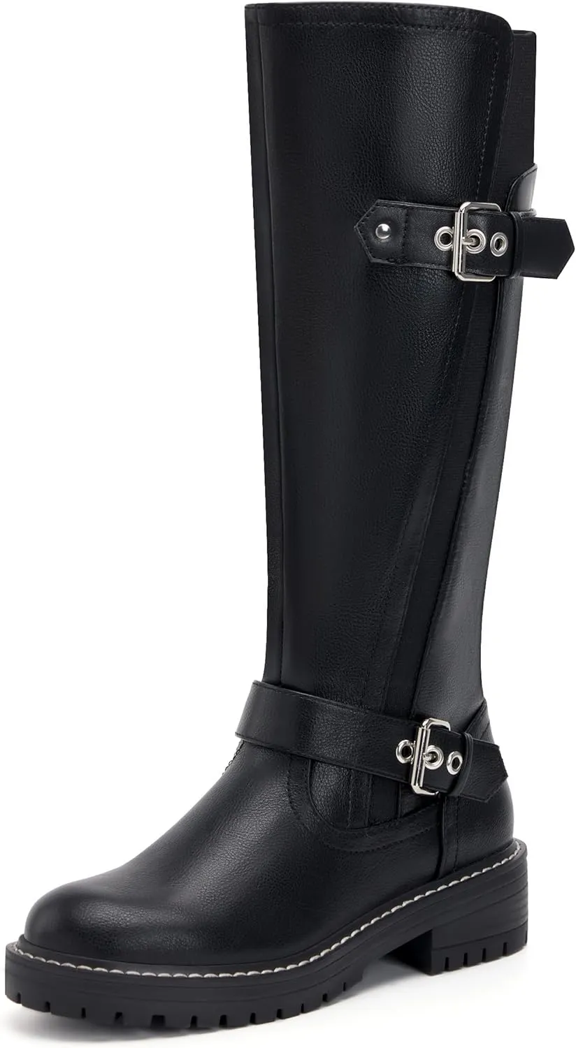 vodvob Knee High Boots for Women Low Heel Comfortable Riding Boots Side Zipper with Metal Buckle