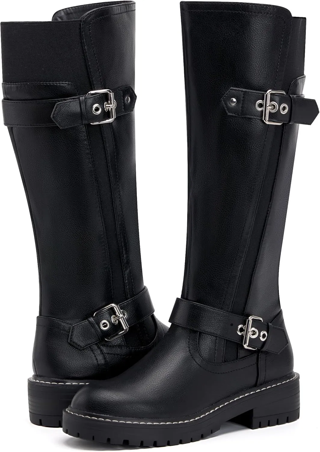 vodvob Knee High Boots for Women Low Heel Comfortable Riding Boots Side Zipper with Metal Buckle