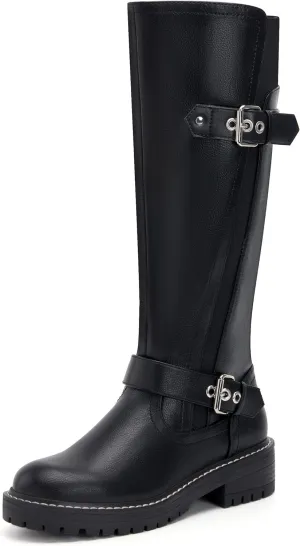 vodvob Knee High Boots for Women Low Heel Comfortable Riding Boots Side Zipper with Metal Buckle