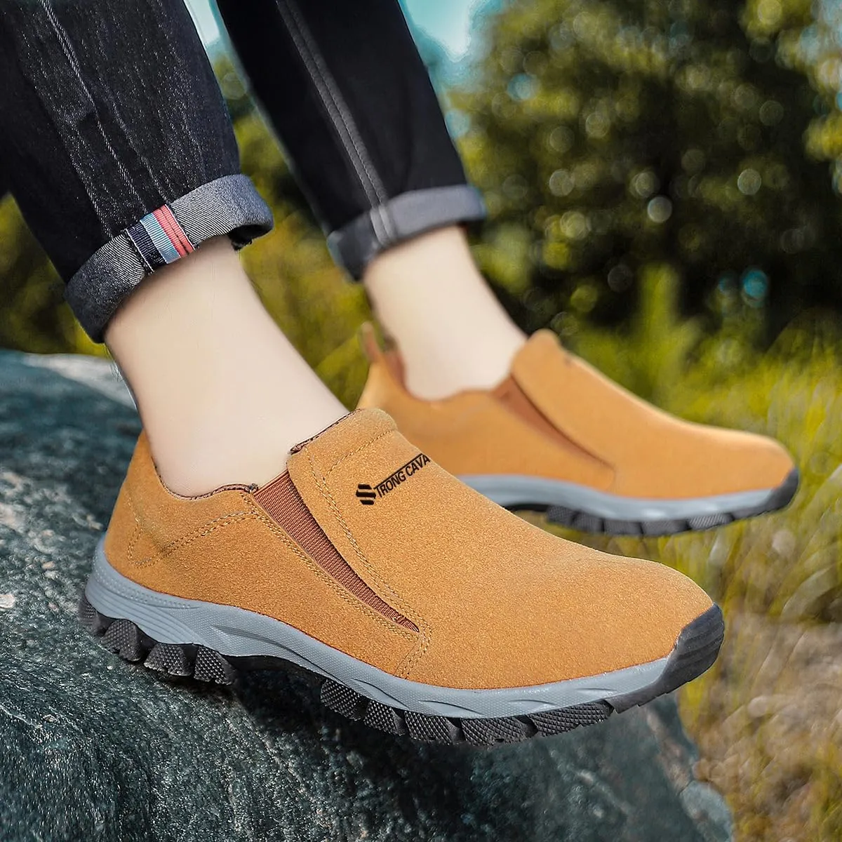 Walking Shoes Men Hands Free Slip in Loafers Leather Casual Comfortable Breathable Hiking Working All-Terrain Ankle Boots Trekking Anti-Slip