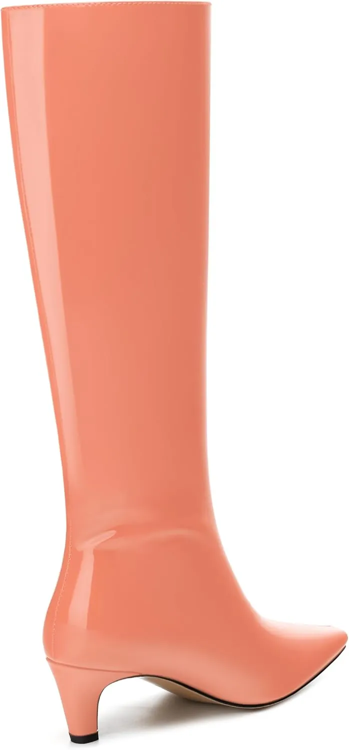 WAYDERNS Knee High Boots for Women Patent Kitten Low Heels Square Toe 2 Inch Long Boots Classic Casual Prom Party Dating Pull on Fall Dress Shoes