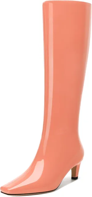 WAYDERNS Knee High Boots for Women Patent Kitten Low Heels Square Toe 2 Inch Long Boots Classic Casual Prom Party Dating Pull on Fall Dress Shoes