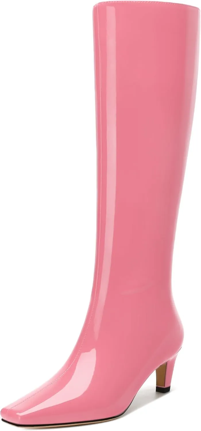 WAYDERNS Knee High Boots for Women Patent Kitten Low Heels Square Toe 2 Inch Long Boots Classic Casual Prom Party Dating Pull on Fall Dress Shoes