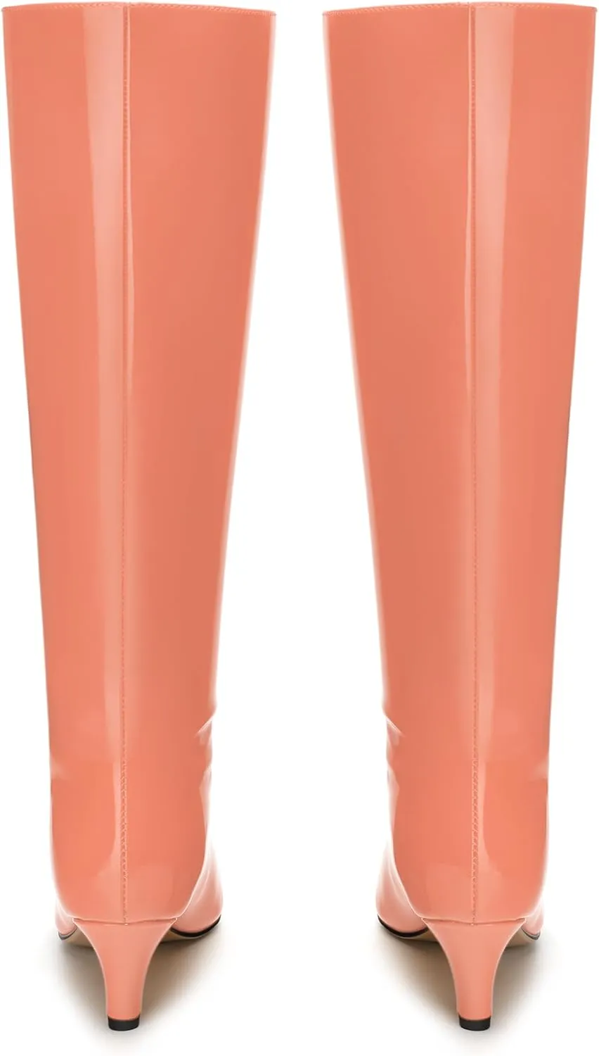 WAYDERNS Knee High Boots for Women Patent Kitten Low Heels Square Toe 2 Inch Long Boots Classic Casual Prom Party Dating Pull on Fall Dress Shoes