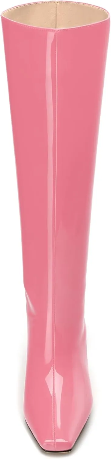 WAYDERNS Knee High Boots for Women Patent Kitten Low Heels Square Toe 2 Inch Long Boots Classic Casual Prom Party Dating Pull on Fall Dress Shoes