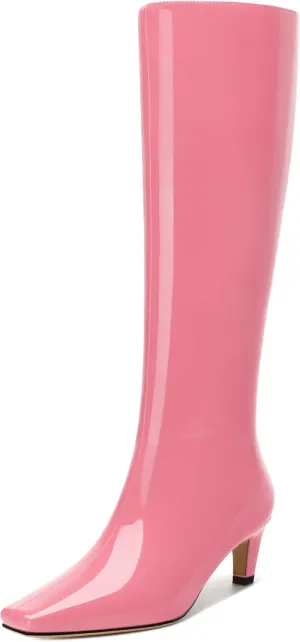 WAYDERNS Knee High Boots for Women Patent Kitten Low Heels Square Toe 2 Inch Long Boots Classic Casual Prom Party Dating Pull on Fall Dress Shoes