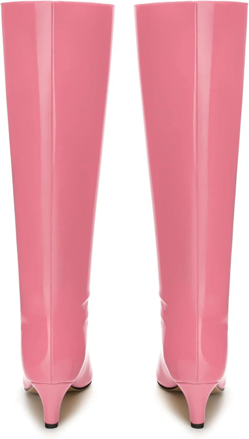 WAYDERNS Knee High Boots for Women Patent Kitten Low Heels Square Toe 2 Inch Long Boots Classic Casual Prom Party Dating Pull on Fall Dress Shoes