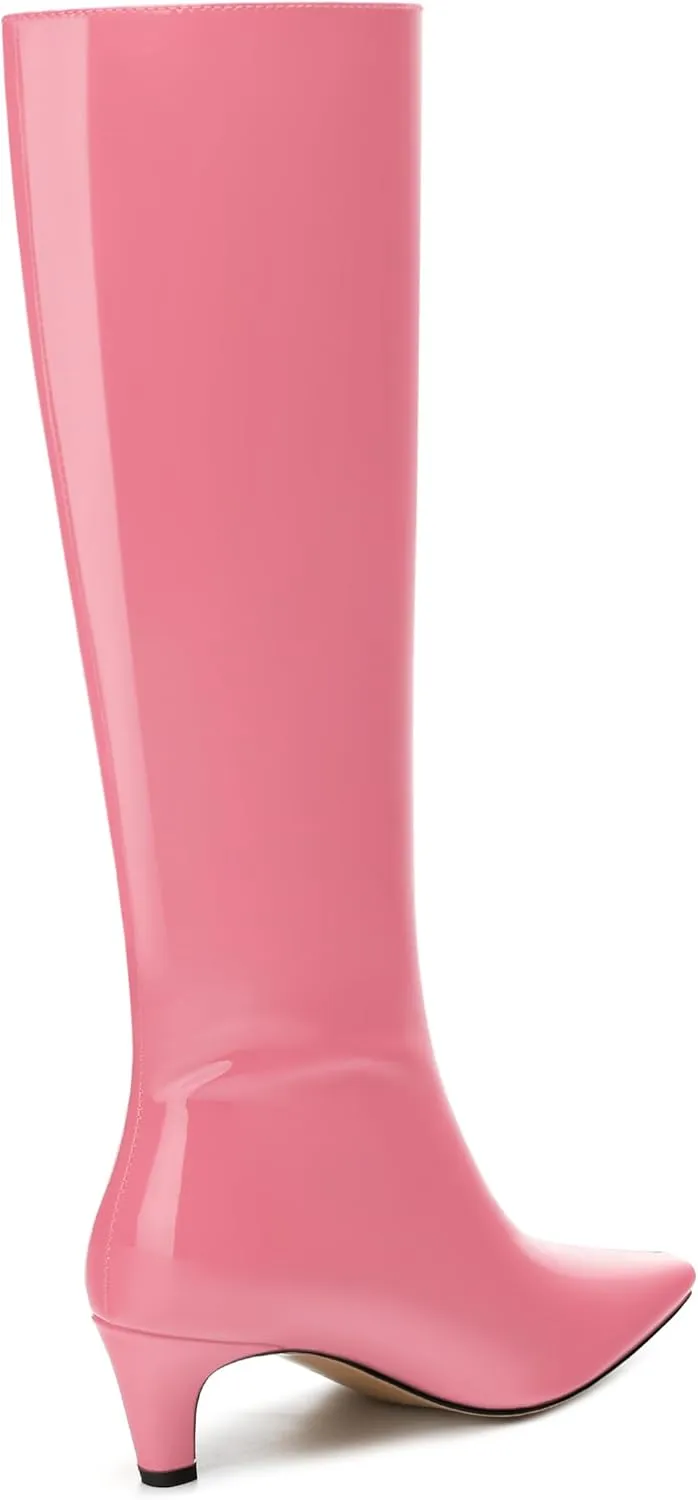 WAYDERNS Knee High Boots for Women Patent Kitten Low Heels Square Toe 2 Inch Long Boots Classic Casual Prom Party Dating Pull on Fall Dress Shoes