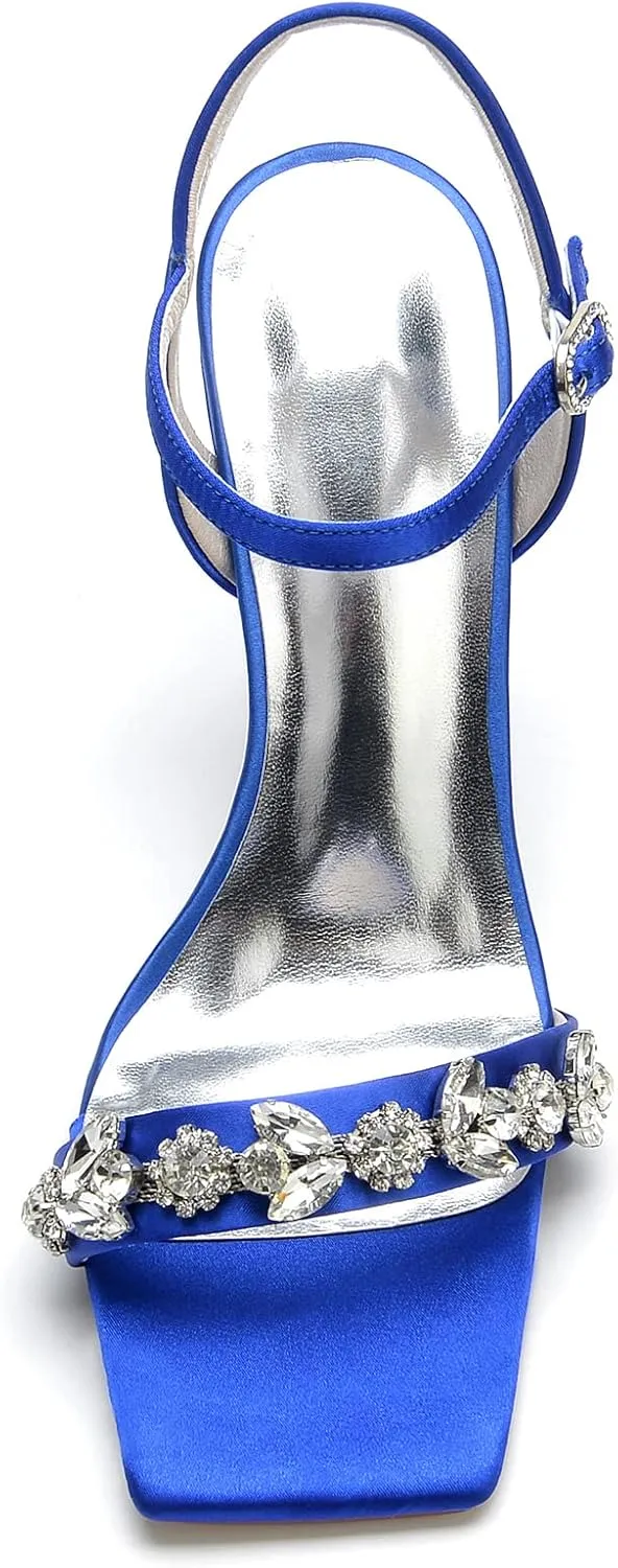 Wedding Bridal Shoes Women's Satin Stiletto Sandals Bridal Heeled Sandals Slingback Heels Square Toe Shoes for Party Prom Dress 9.5Cm