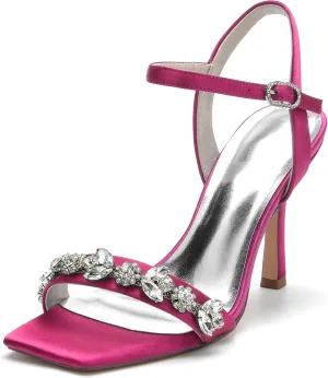 Wedding Bridal Shoes Women's Satin Stiletto Sandals Bridal Heeled Sandals Slingback Heels Square Toe Shoes for Party Prom Dress 9.5Cm