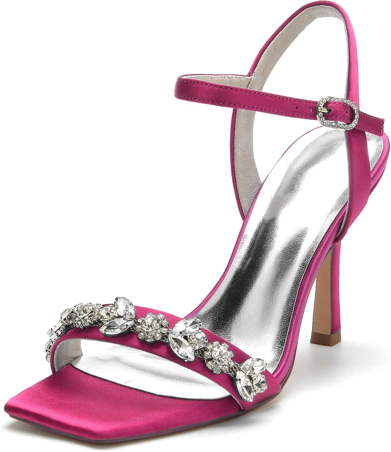 Wedding Bridal Shoes Women's Satin Stiletto Sandals Bridal Heeled Sandals Slingback Heels Square Toe Shoes for Party Prom Dress 9.5Cm