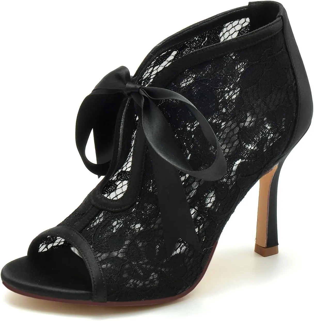 Wedding Dress Shoes for Bride Sandals for Women Lace Ankle Bootie Pumps with Heels Stiletto Heeled Ribbon Tie Peep Toe High Heels Sandal