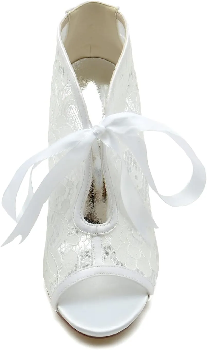 Wedding Dress Shoes for Bride Sandals for Women Lace Ankle Bootie Pumps with Heels Stiletto Heeled Ribbon Tie Peep Toe High Heels Sandal