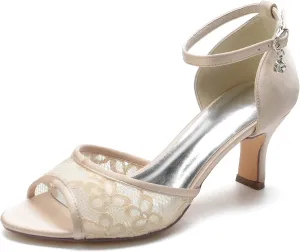 Wedding Shoes Women's Lace Low Heel Open Toe Sandals Satin Ankle Strap Bridal Wedding Dress Pump Shoes 6.5Cm