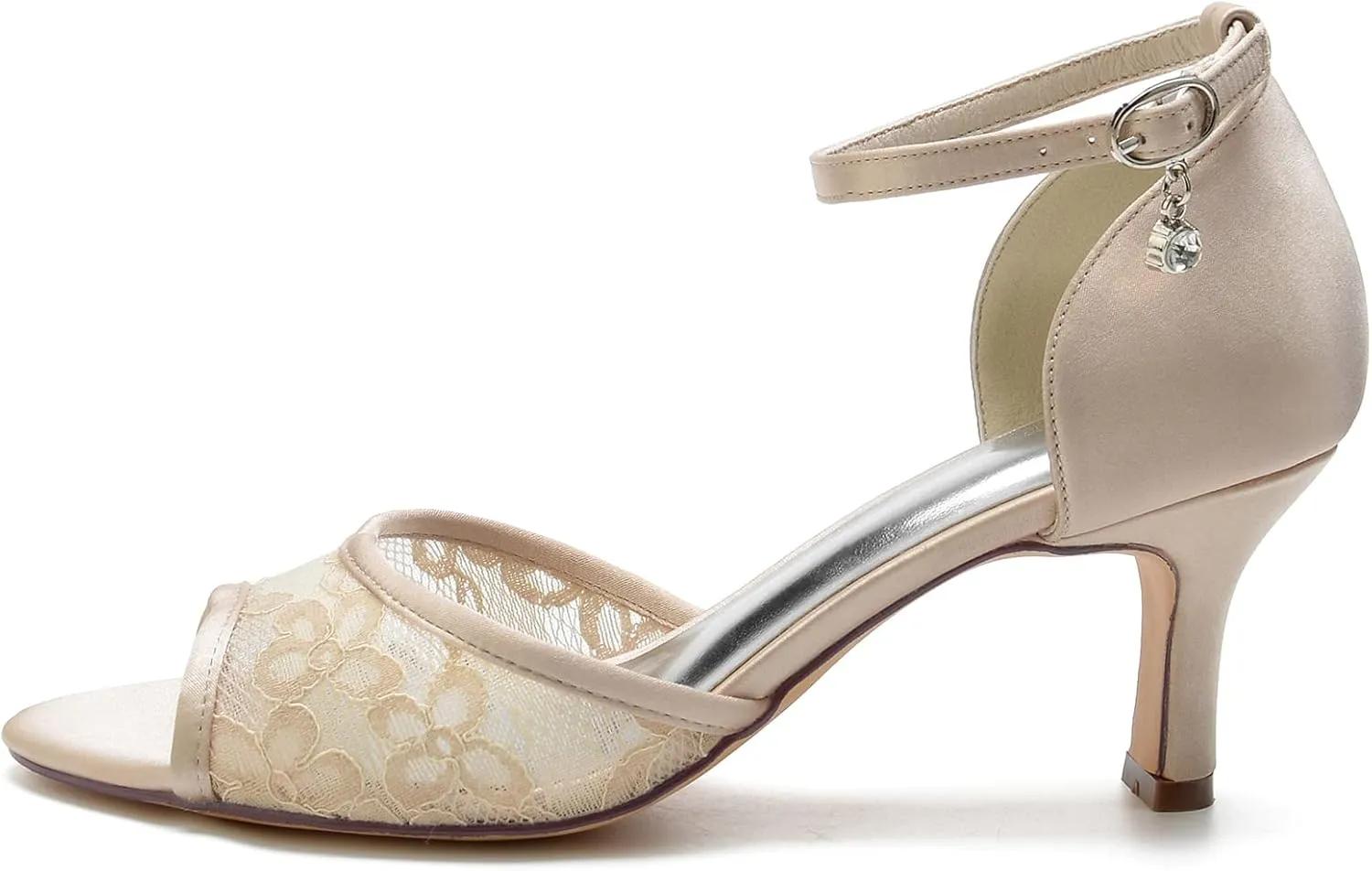 Wedding Shoes Women's Lace Low Heel Open Toe Sandals Satin Ankle Strap Bridal Wedding Dress Pump Shoes 6.5Cm