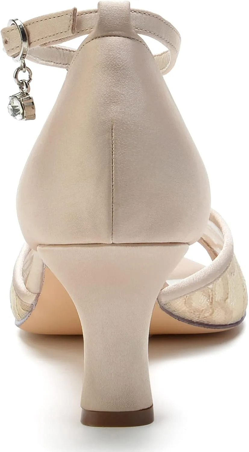 Wedding Shoes Women's Lace Low Heel Open Toe Sandals Satin Ankle Strap Bridal Wedding Dress Pump Shoes 6.5Cm