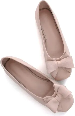 WENJIAZHIZHI Women's Square Toe Bowknot Ballet Flats Comfortable Slip-On Casual Loafers Walking Flat Dress Shoes