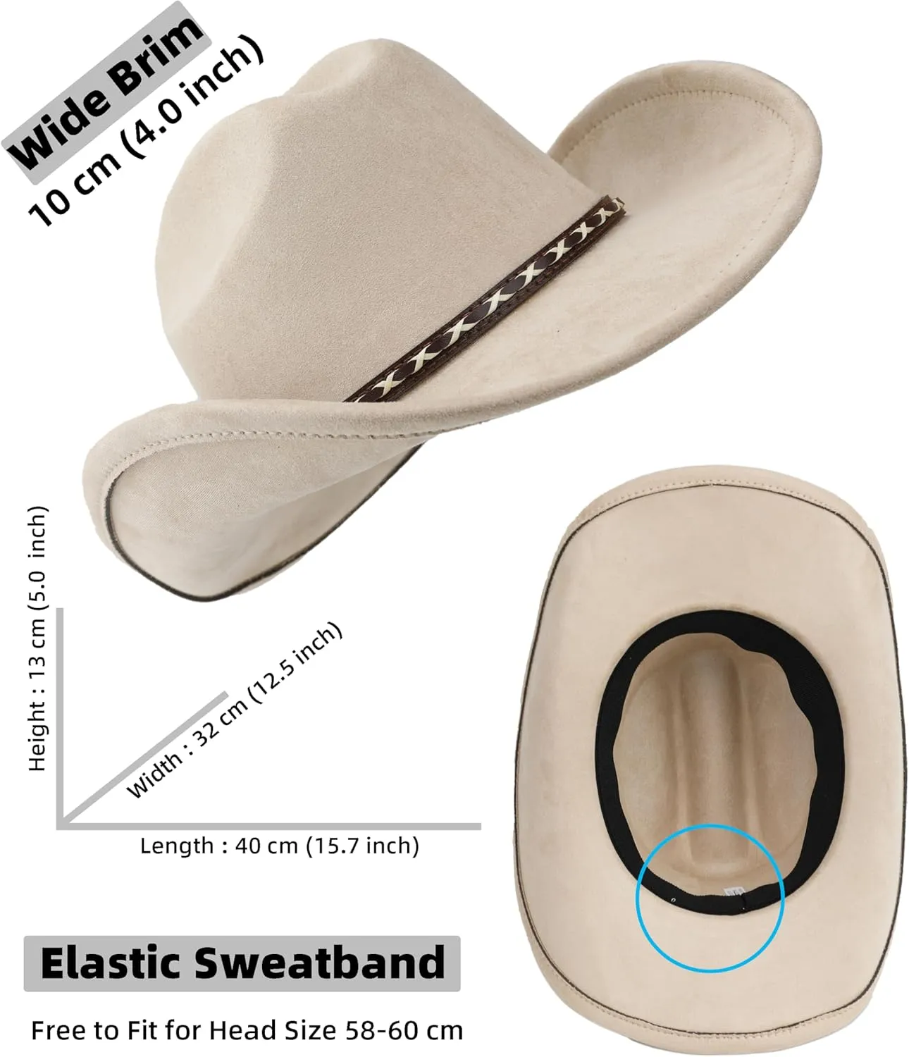 Western Cowboy Hat for Women and Men, Unisex Big Wide Brim Felt Hats for Cowboys and Cowgirls