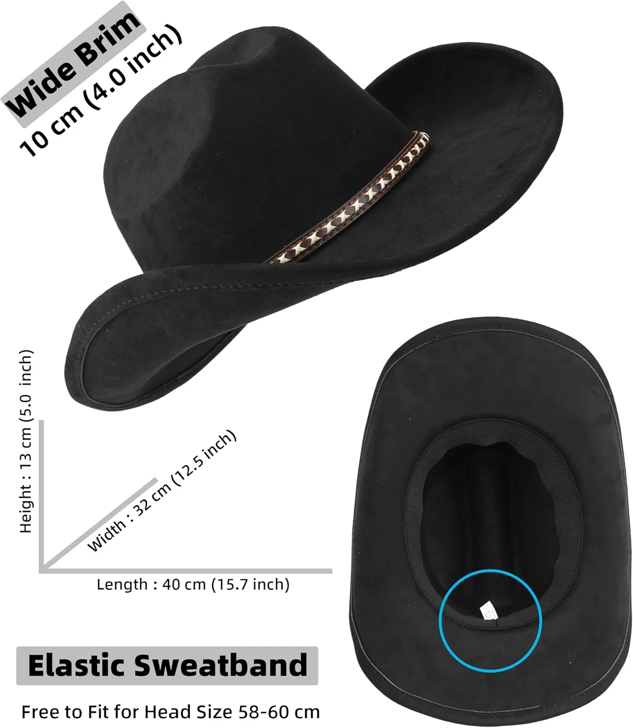 Western Cowboy Hat for Women and Men, Unisex Big Wide Brim Felt Hats for Cowboys and Cowgirls
