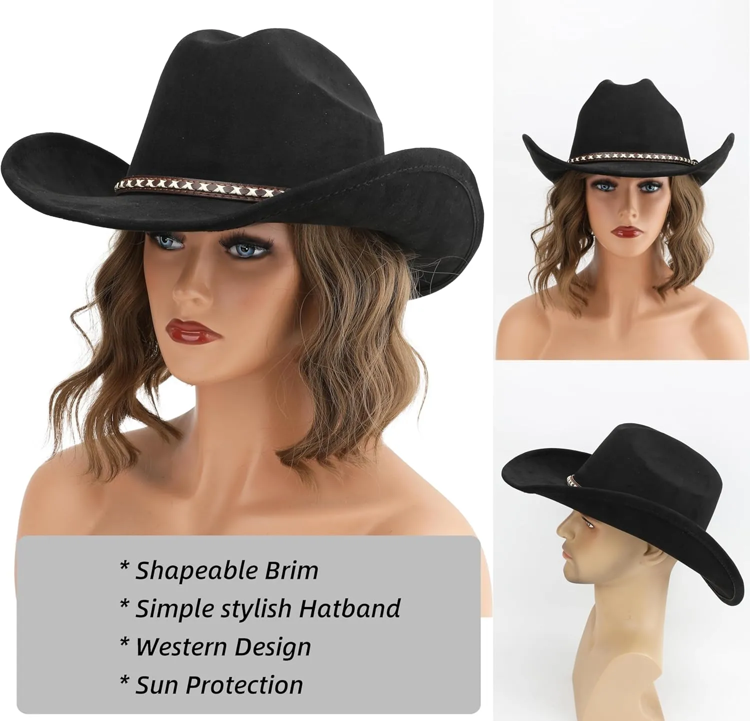 Western Cowboy Hat for Women and Men, Unisex Big Wide Brim Felt Hats for Cowboys and Cowgirls