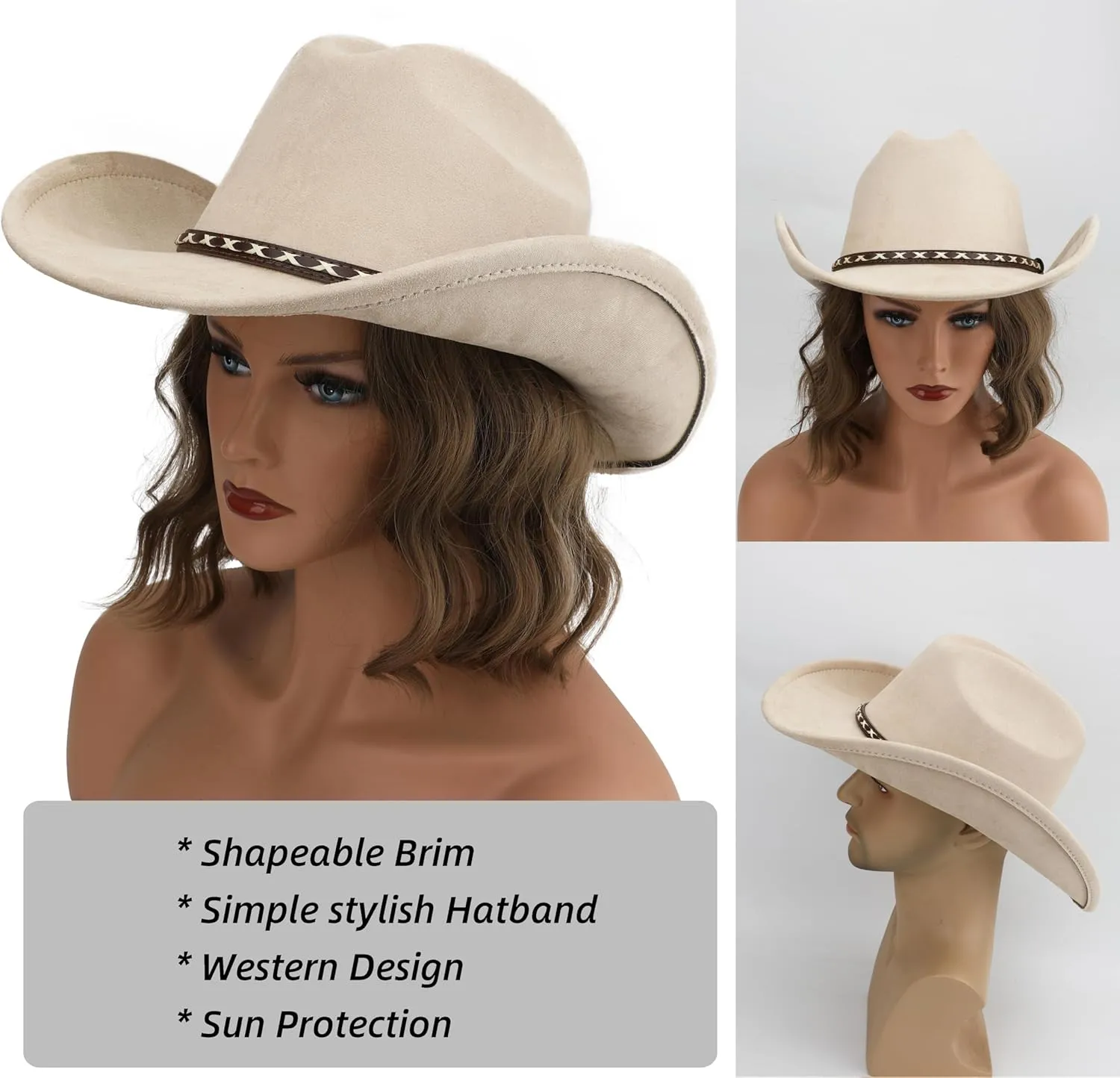 Western Cowboy Hat for Women and Men, Unisex Big Wide Brim Felt Hats for Cowboys and Cowgirls