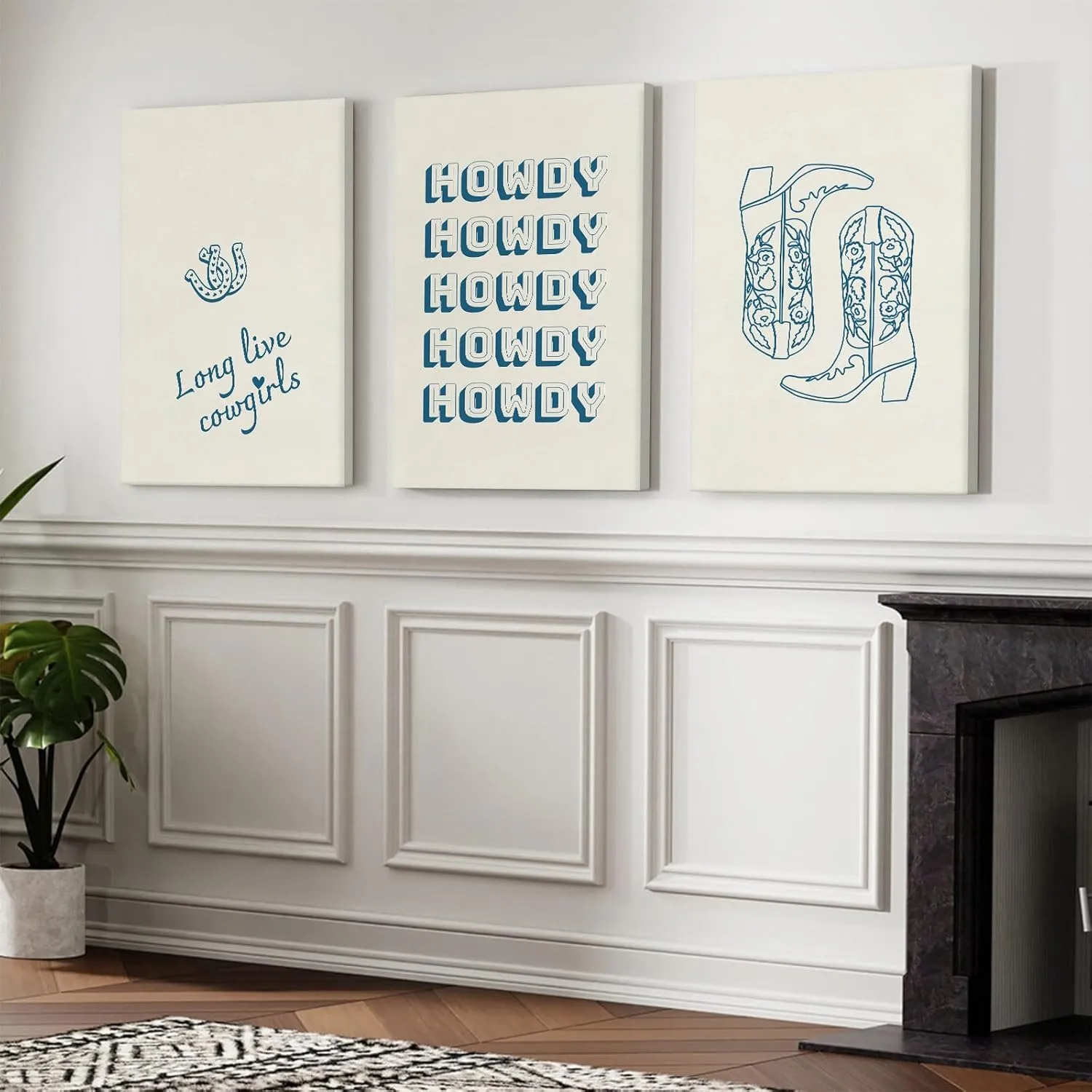 Western Cowgirl Wall Art Decor Preppy Posters Coastal Canvas Boots Prints Wall Art Howdy Posters Aesthetic Blue Cowgirl Wall Decor Western Pictures for Dorm Room Bedroom 12x16x3 Inch Framed