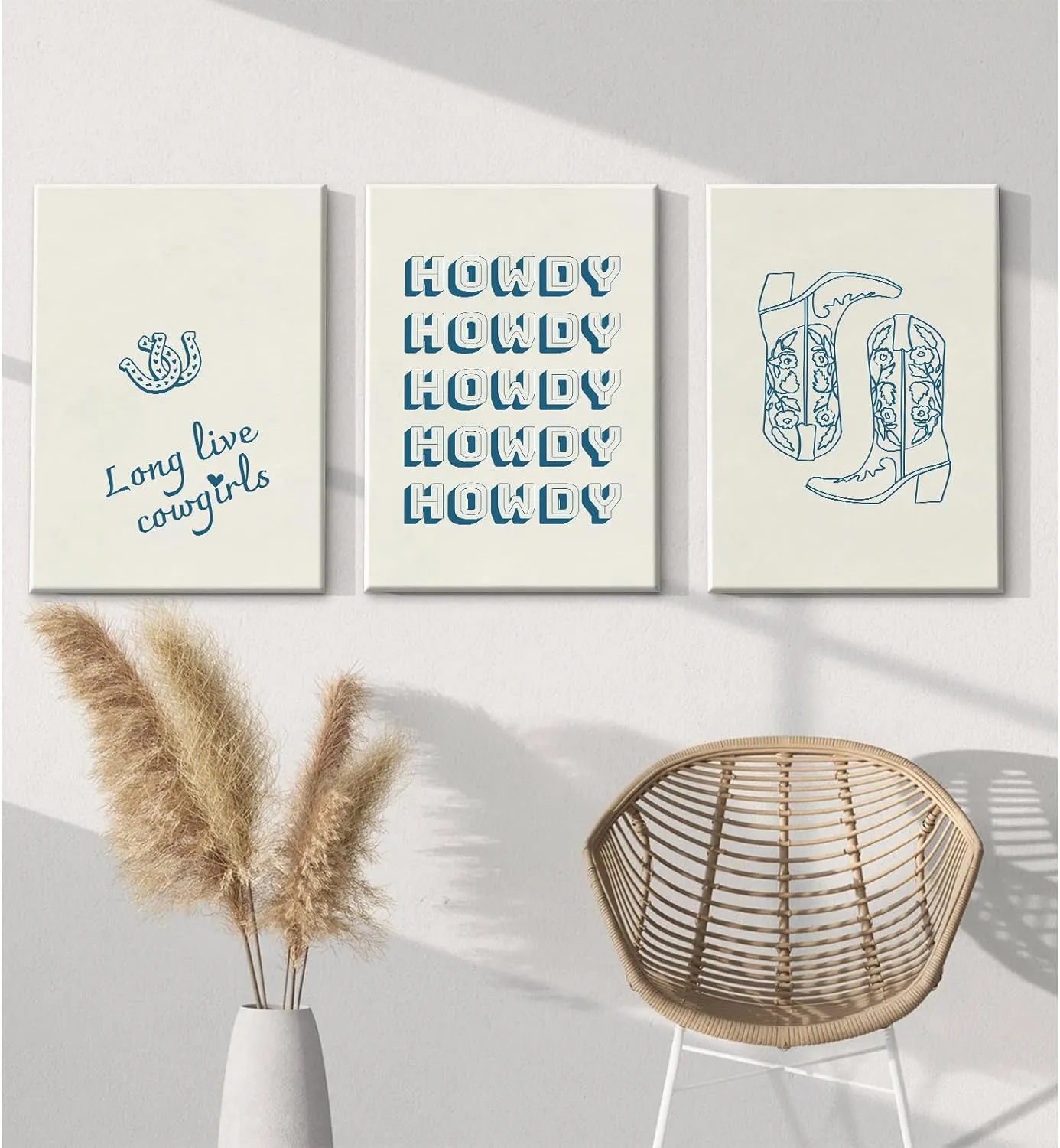 Western Cowgirl Wall Art Decor Preppy Posters Coastal Canvas Boots Prints Wall Art Howdy Posters Aesthetic Blue Cowgirl Wall Decor Western Pictures for Dorm Room Bedroom 12x16x3 Inch Framed
