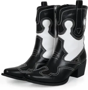 Western Woman Cowgirl Boots with Chunky Heel Pointed Toe Cowboy Boots White Patchwork Trendy Cowboy Stitched Pointe Toe Mid Shaft Boots