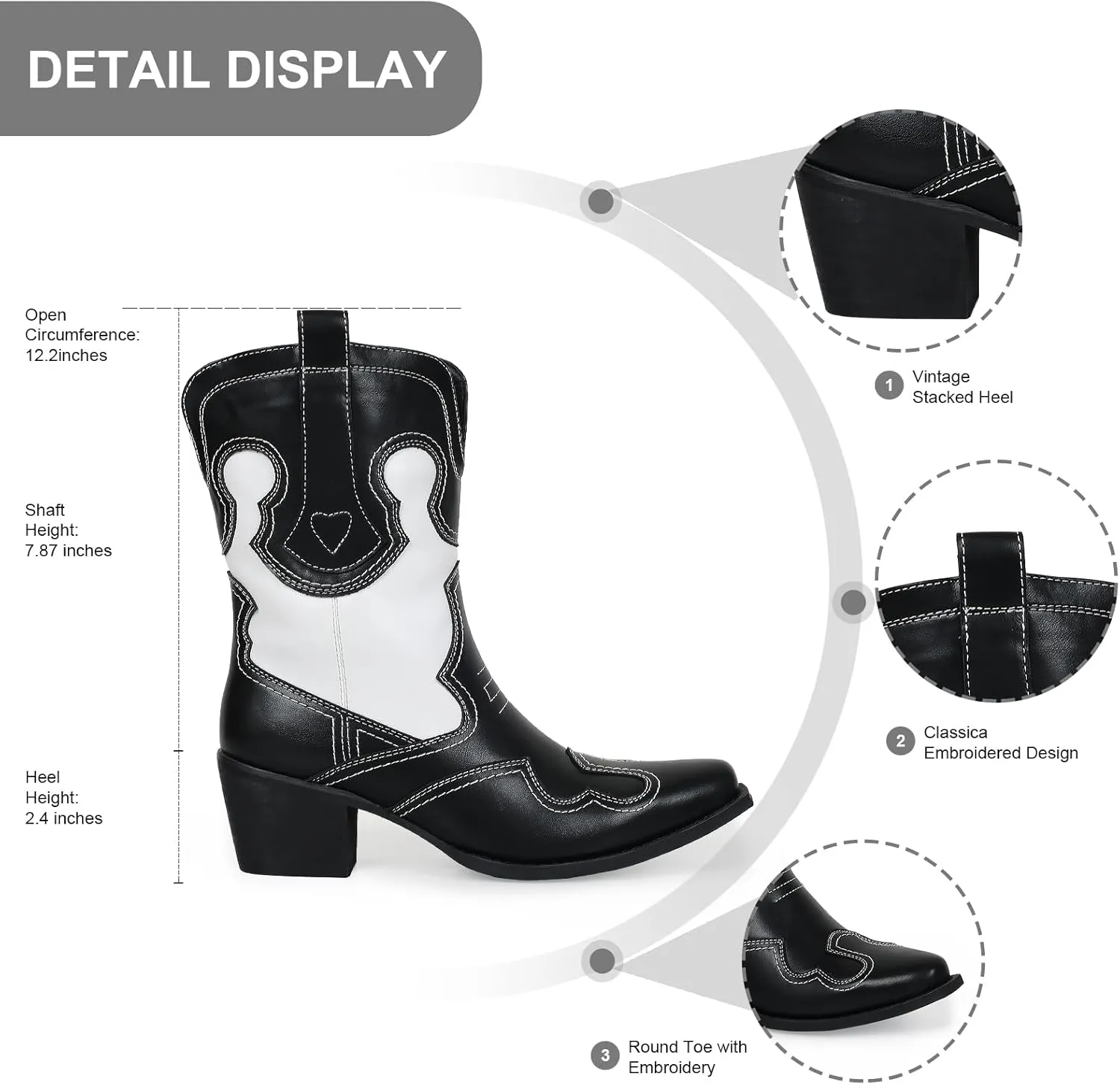 Western Woman Cowgirl Boots with Chunky Heel Pointed Toe Cowboy Boots White Patchwork Trendy Cowboy Stitched Pointe Toe Mid Shaft Boots