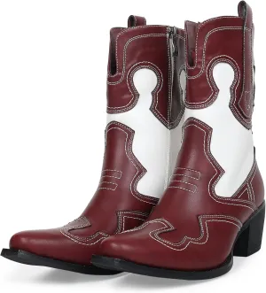Western Woman Cowgirl Boots with Chunky Heel Pointed Toe Cowboy Boots White Patchwork Trendy Cowboy Stitched Pointe Toe Mid Shaft Boots