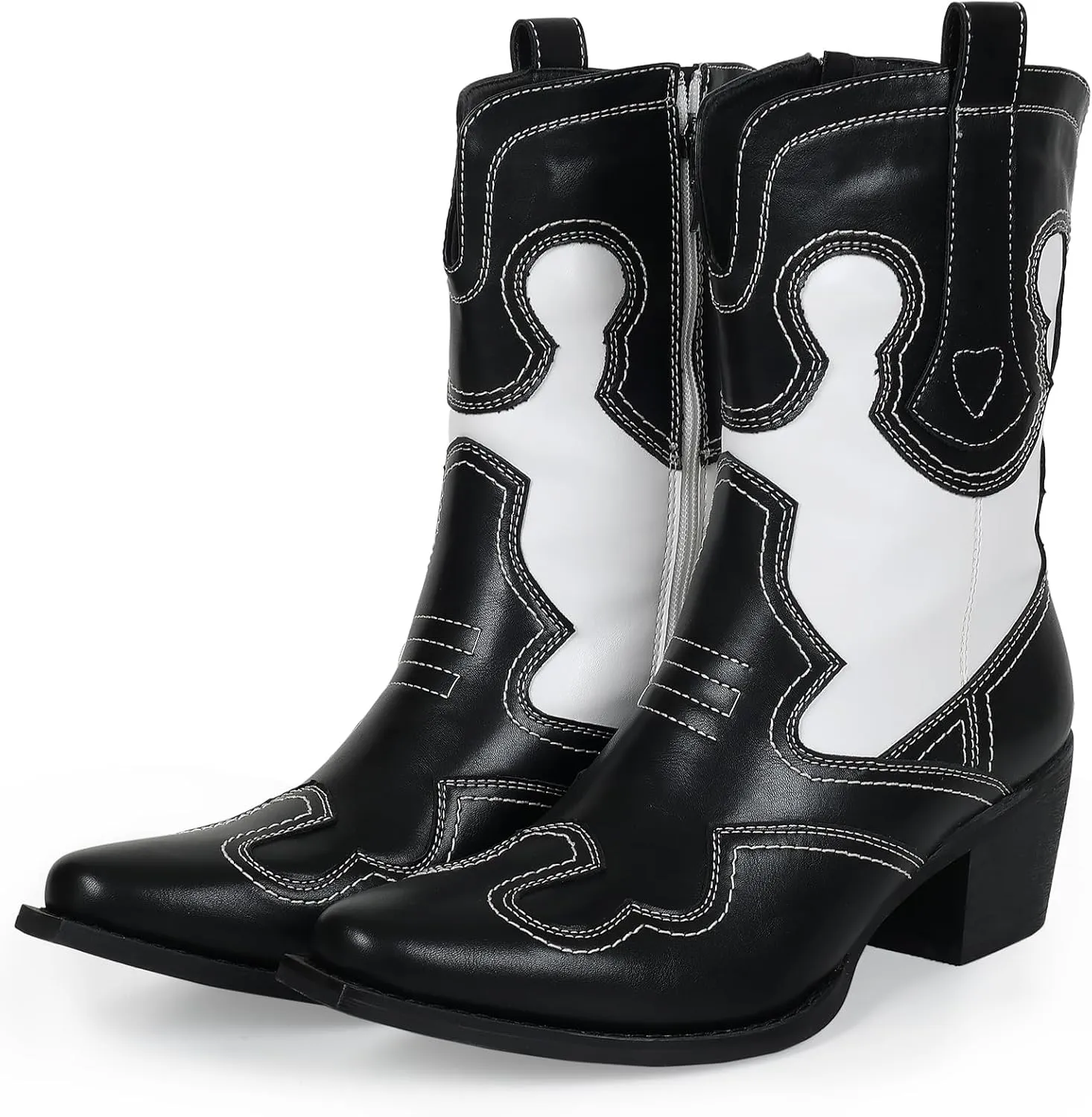 Western Woman Cowgirl Boots with Chunky Heel Pointed Toe Cowboy Boots White Patchwork Trendy Cowboy Stitched Pointe Toe Mid Shaft Boots