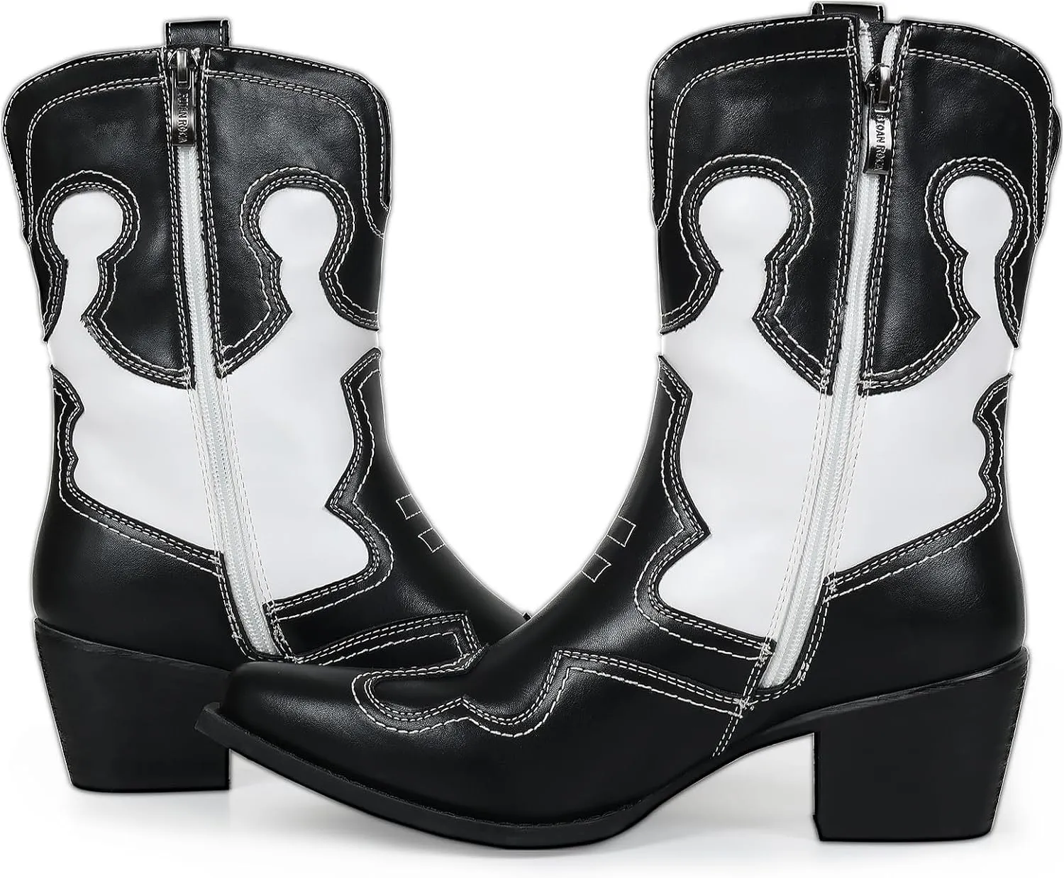 Western Woman Cowgirl Boots with Chunky Heel Pointed Toe Cowboy Boots White Patchwork Trendy Cowboy Stitched Pointe Toe Mid Shaft Boots