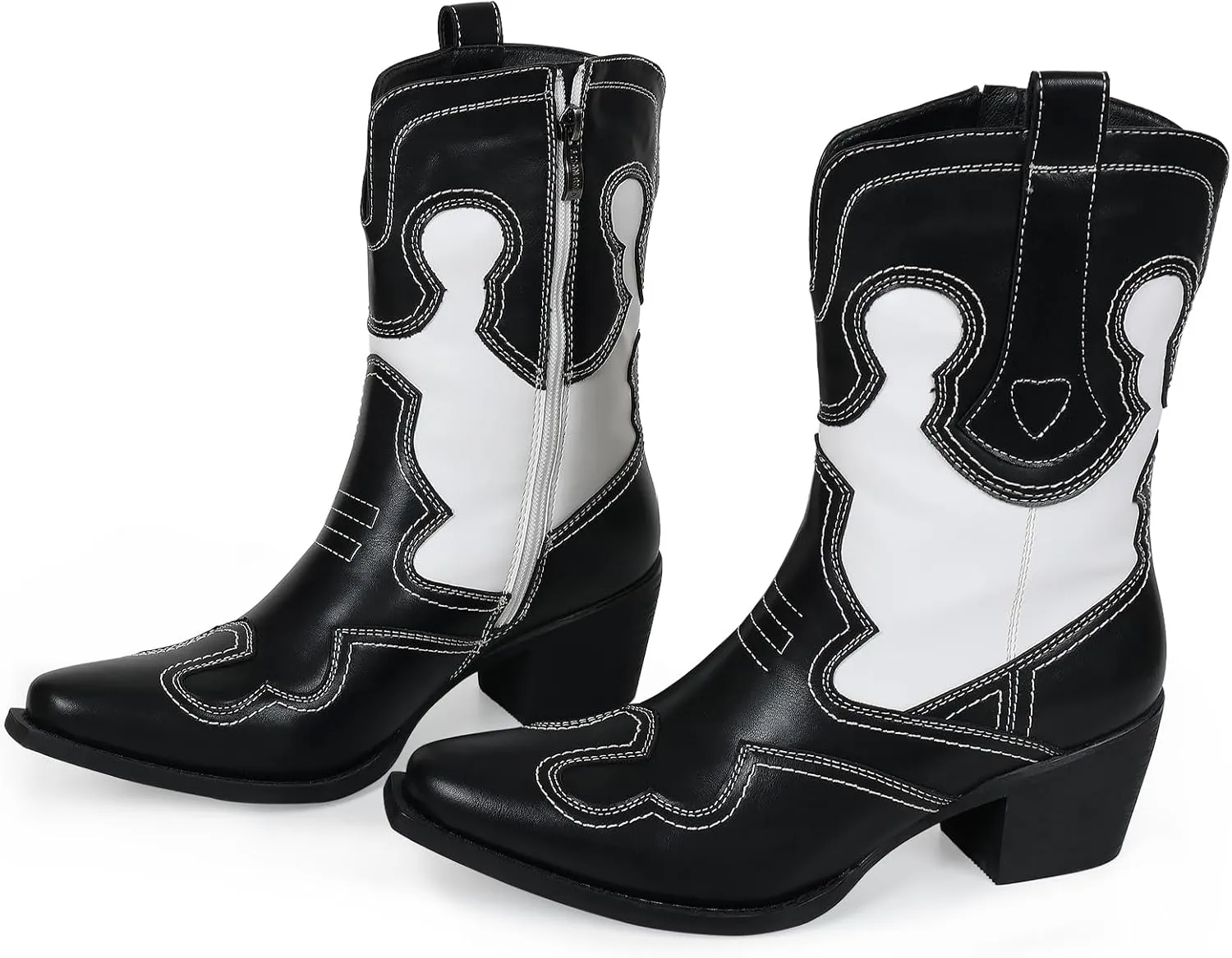 Western Woman Cowgirl Boots with Chunky Heel Pointed Toe Cowboy Boots White Patchwork Trendy Cowboy Stitched Pointe Toe Mid Shaft Boots