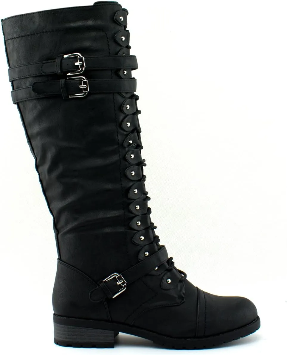 Wild Diva Timberly Women's Fashion Lace Up Buckle Knee High Combat Boots