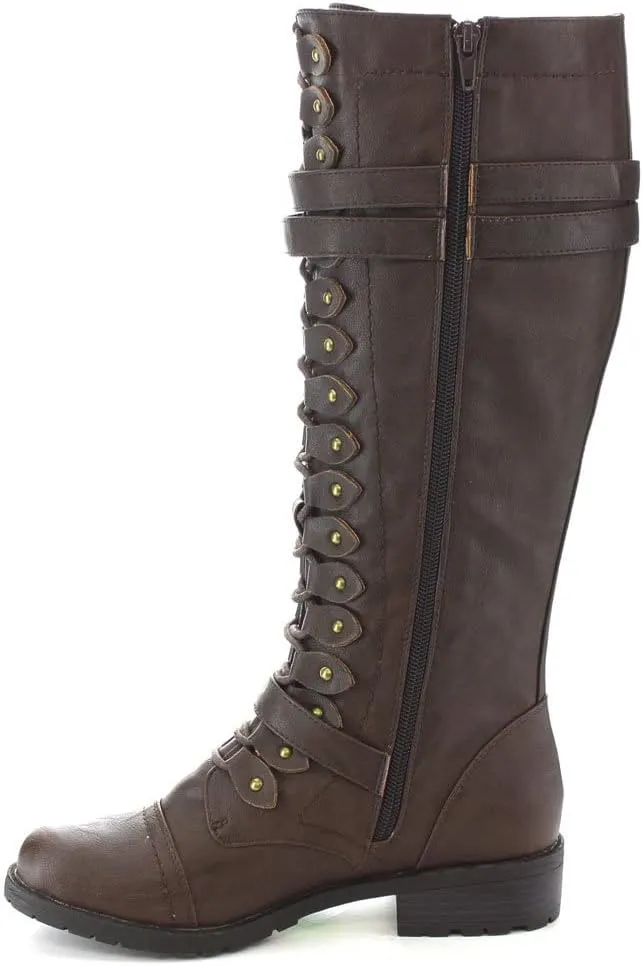 Wild Diva Timberly Women's Fashion Lace Up Buckle Knee High Combat Boots
