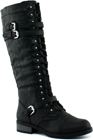 Wild Diva Timberly Women's Fashion Lace Up Buckle Knee High Combat Boots