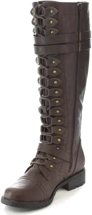 Wild Diva Timberly Women's Fashion Lace Up Buckle Knee High Combat Boots