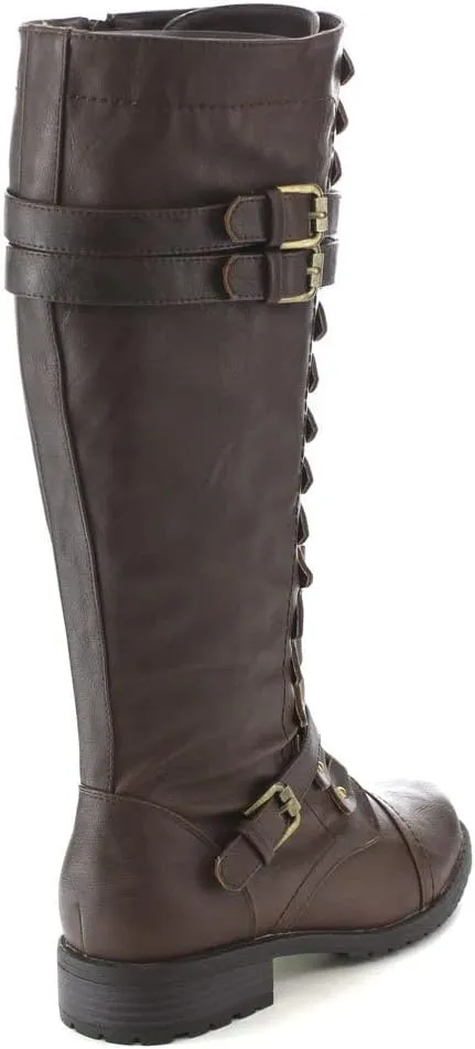 Wild Diva Timberly Women's Fashion Lace Up Buckle Knee High Combat Boots