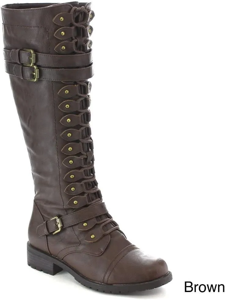 Wild Diva Timberly Women's Fashion Lace Up Buckle Knee High Combat Boots