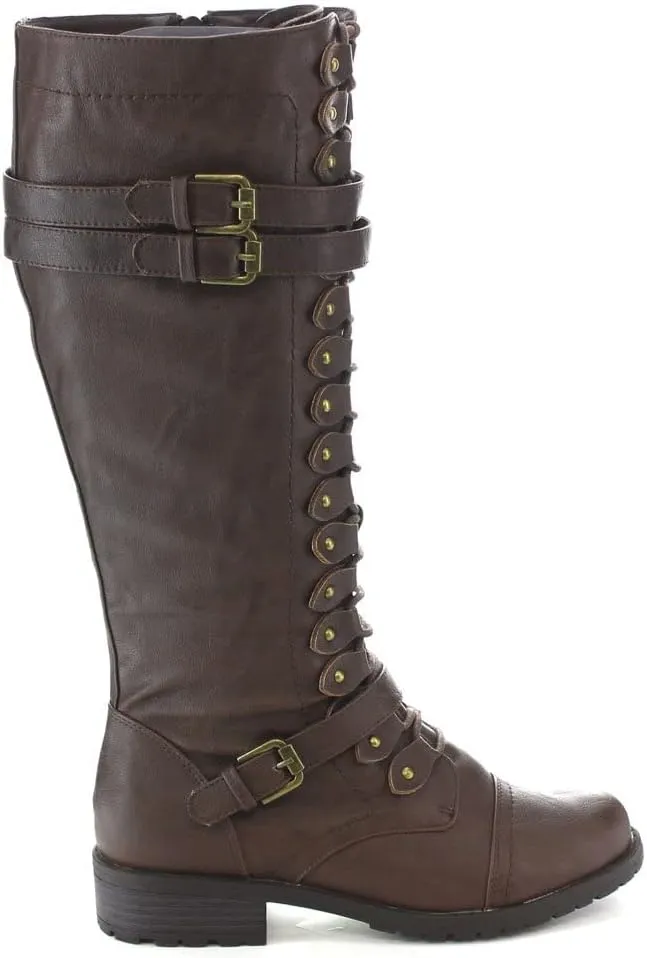 Wild Diva Timberly Women's Fashion Lace Up Buckle Knee High Combat Boots
