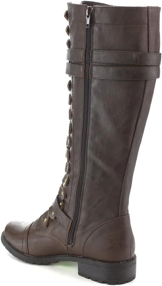 Wild Diva Timberly Women's Fashion Lace Up Buckle Knee High Combat Boots