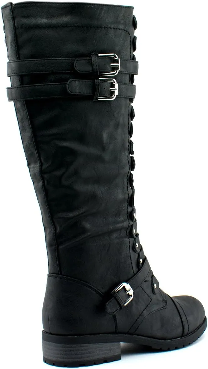 Wild Diva Timberly Women's Fashion Lace Up Buckle Knee High Combat Boots