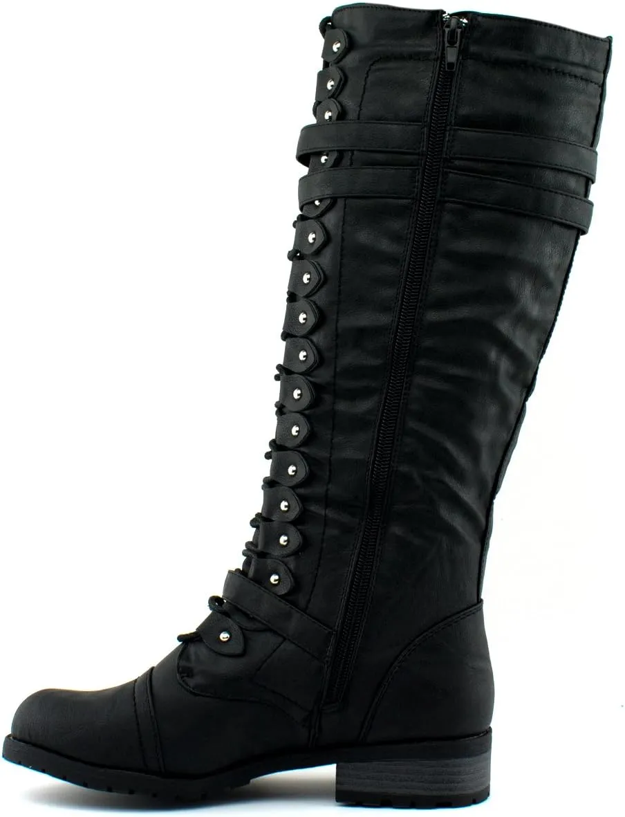 Wild Diva Timberly Women's Fashion Lace Up Buckle Knee High Combat Boots